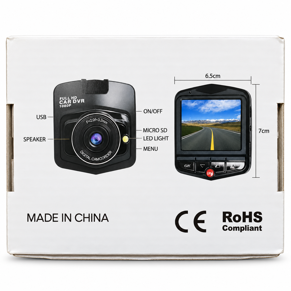 White retail box for a dash camera, showing front and rear views with labeled features including USB, speaker, SD card, LED light, and menu, plus dimensions and CE/RoHS compliance marks.