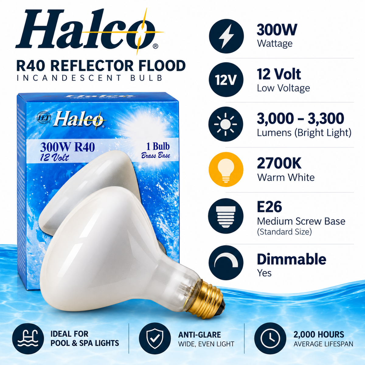 Halco Lighting R40FL300-12V — 300W 12V R40 Flood Pool & Spa Replacement Bulb