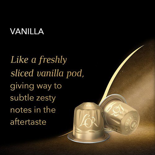 Two gold coffee capsules with a vanilla flavor description on a dark background