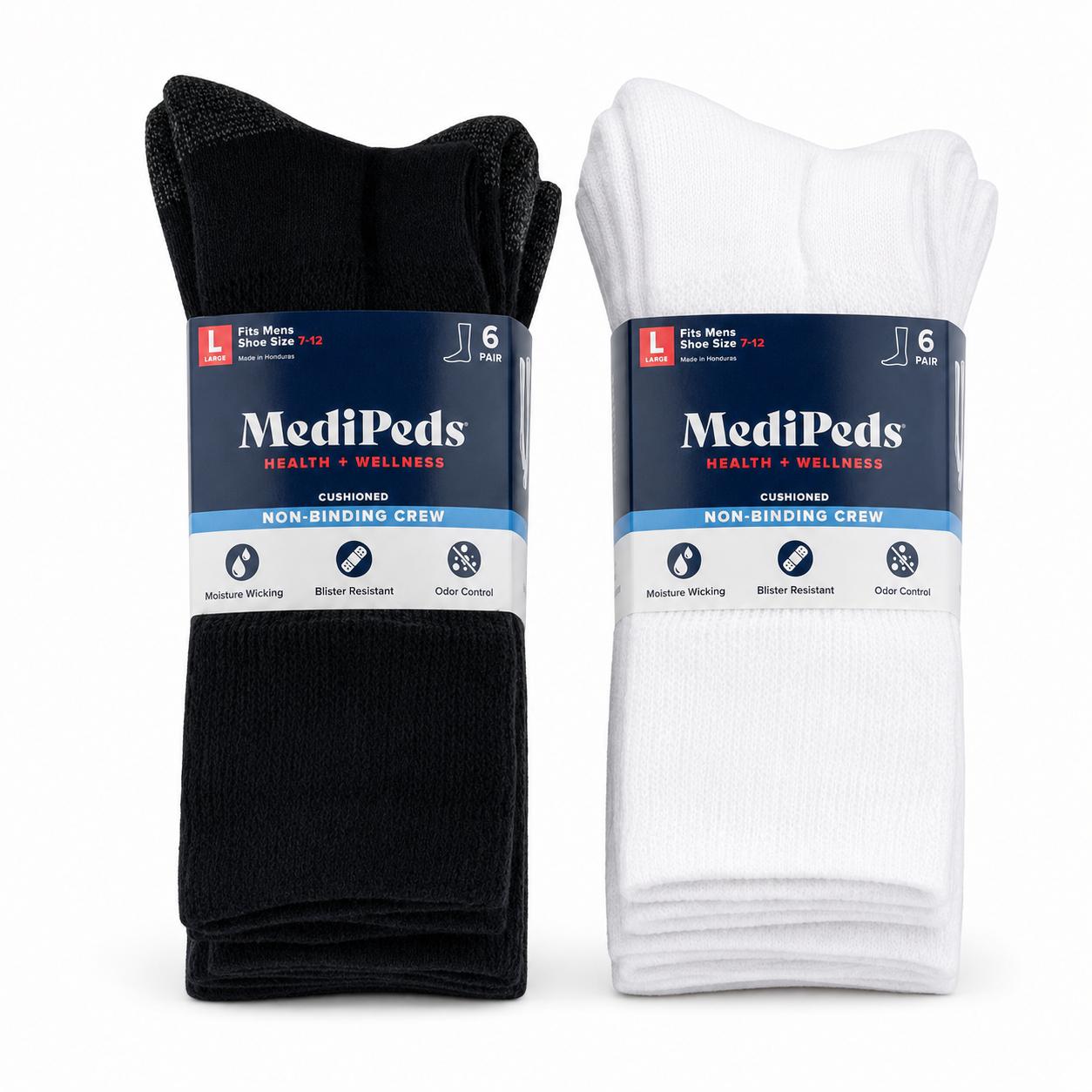 MediPeds Men’s Cushioned Non-Binding Crew Socks – 6 Pairs, Size 7–12