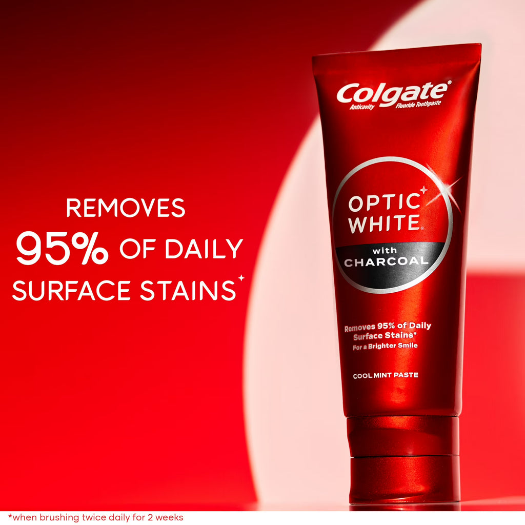 Colgate Optic White toothpaste tube with red background