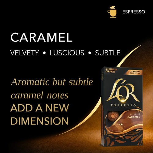 LOR Espresso Caramel capsule packaging with descriptive text on a dark background