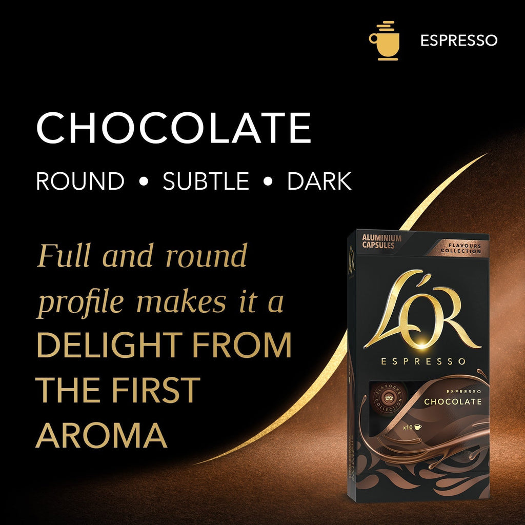 LOR Espresso Chocolate packaging with descriptive text on a dark background