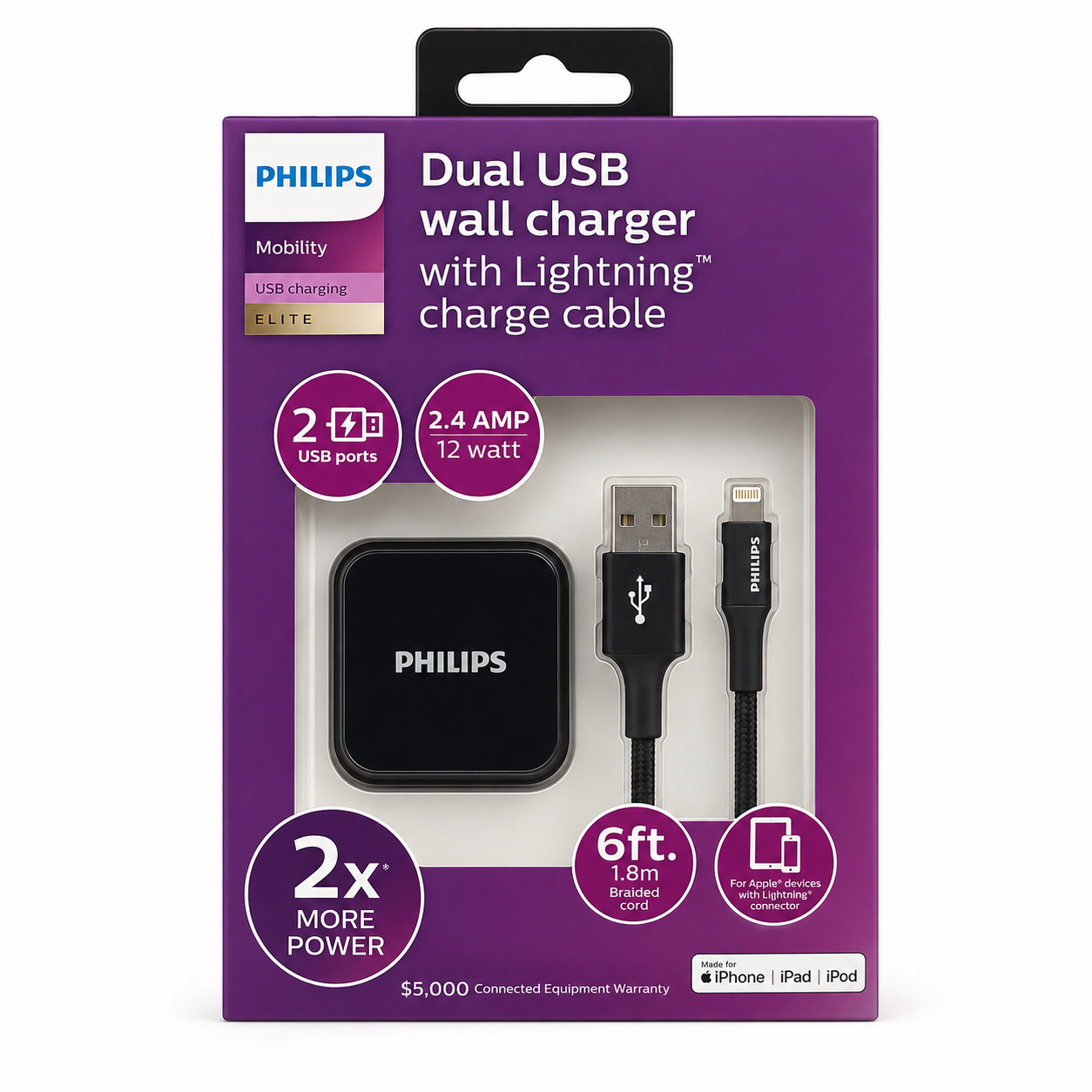 Philips Mobility Elite Dual USB Wall Charger with 6 ft Cable