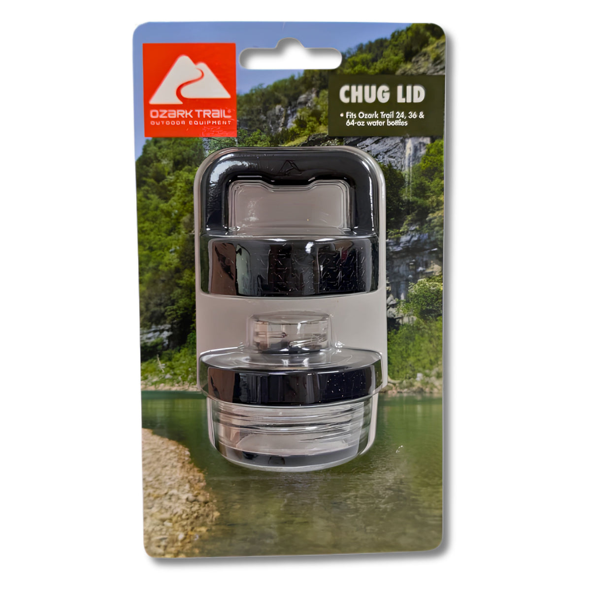 Ozark Trail chug lid water bottle connector in its original retail blister packaging, featuring a black and clear plastic connector with a white protective sleeve, set against a scenic outdoor background on the card.