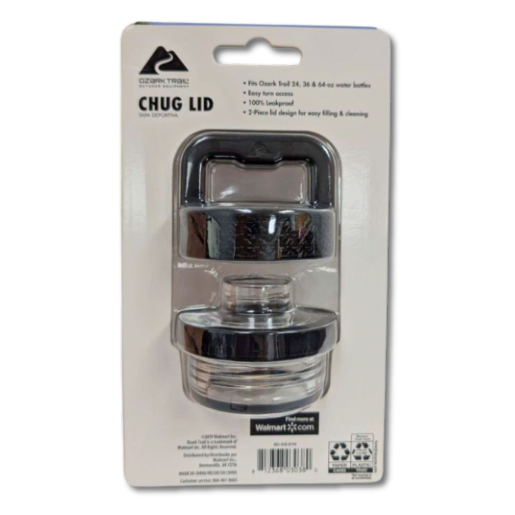 Chug Lid water bottle cap and filling lid packaged on a white retail card. The product is shown through a clear plastic blister pack, with the black and clear lid centered on a white backing card featuring product text and a Walmart.