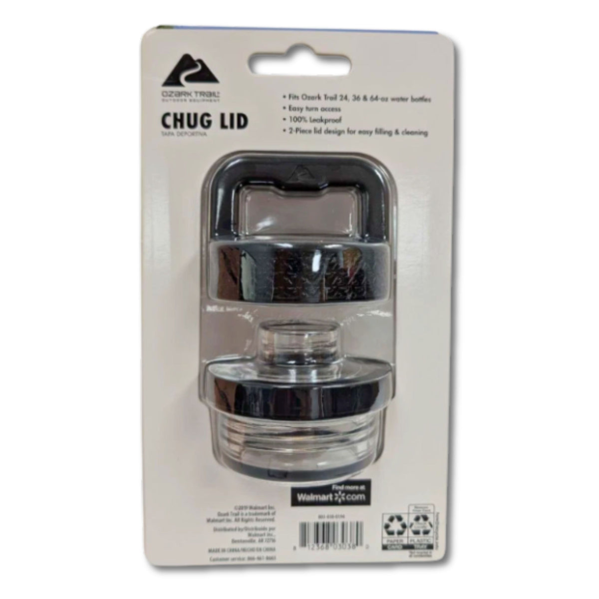 Chug Lid water bottle cap and filling lid packaged on a white retail card. The product is shown through a clear plastic blister pack, with the black and clear lid centered on a white backing card featuring product text and a Walmart.