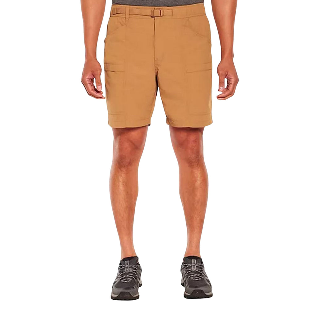 A person wearing tan utility shorts with side pockets, shown from the waist down against a plain white background.
