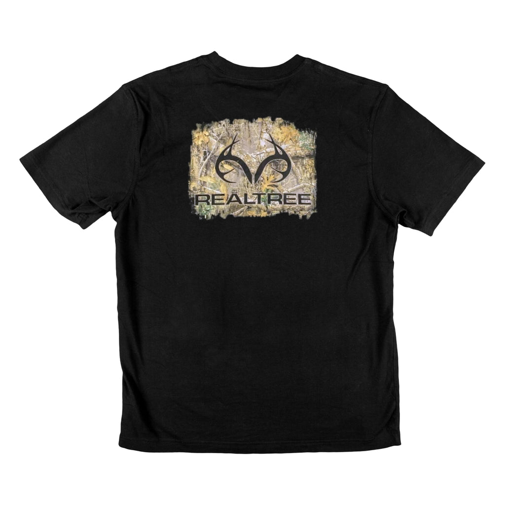 Realtree men's short sleeve black graphic t-shirt with camo antlers logo front view