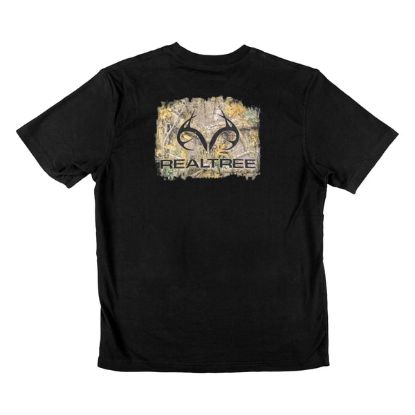 Realtree men's short sleeve black graphic t-shirt with camo antlers logo front view