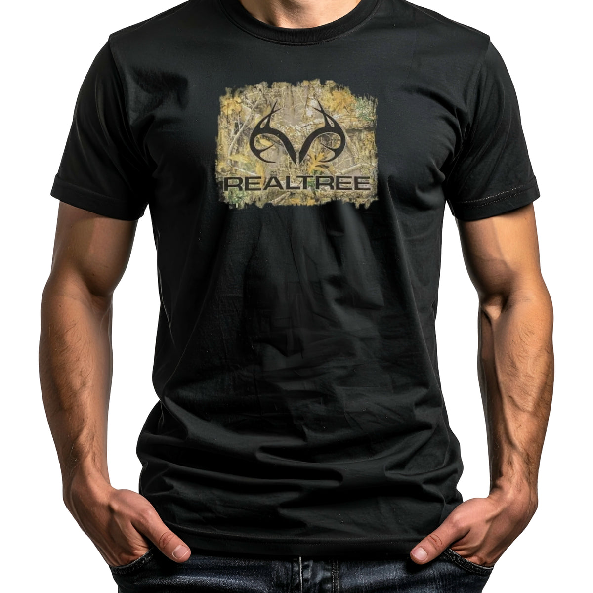 A man wearing a black short-sleeve t-shirt with a distressed Realtree logo graphic on the chest, set against a plain white background.