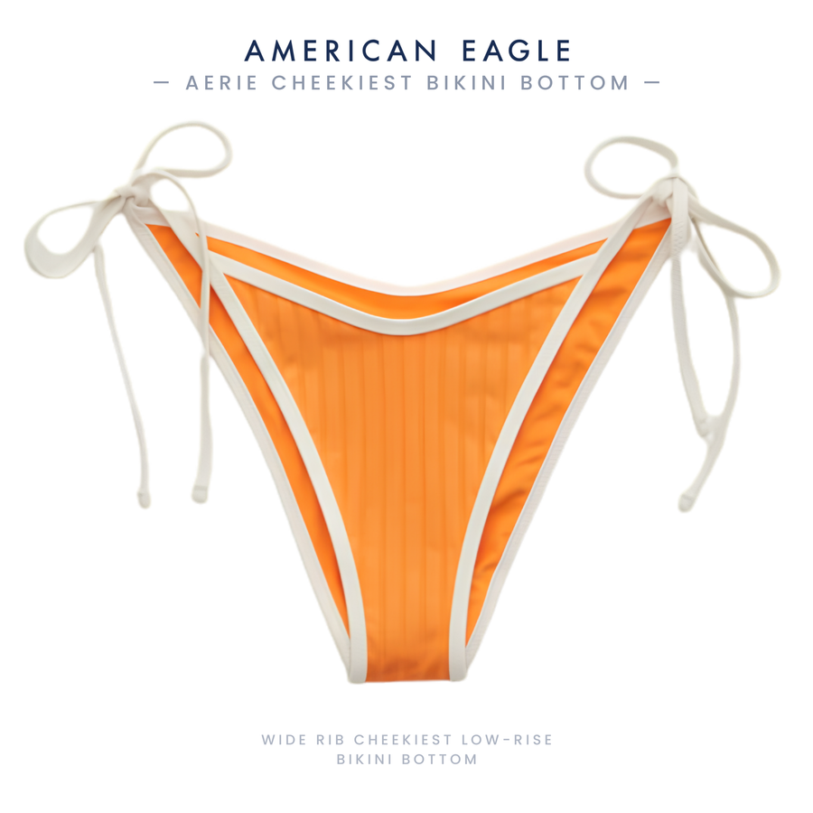 Aerie Wide Rib Low Rise Tie Cheekiest Bikini Bottom, Peach & White Striped — NWT