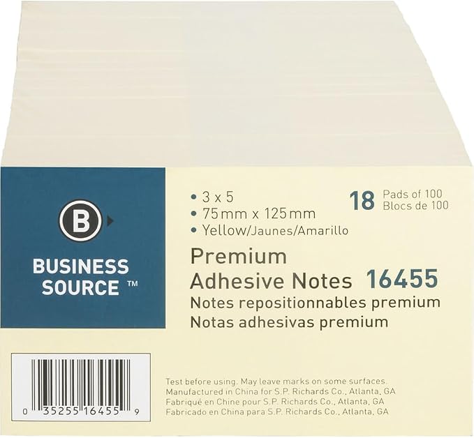 Business Source Premium Adhesive Notes 3 × 5 in – Yellow, 18 Pads