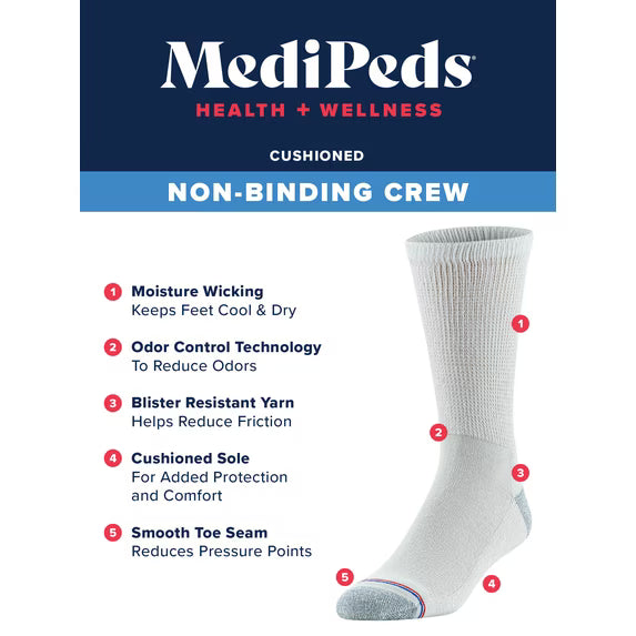 MediPeds Men’s Cushioned Non-Binding Crew Socks – 6 Pairs, Size 7–12