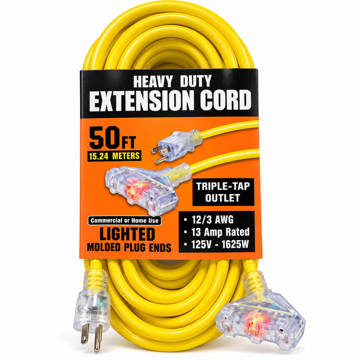 Heavy duty 50 ft 12/3 AWG extension cord with lighted triple tap plug specs badge