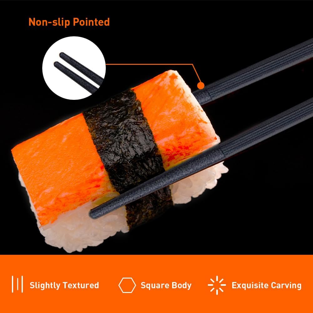 Sushi roll with black chopsticks on a black background, highlighting features like 'Non-slip Pointed' and 'Exquisite Carving'.