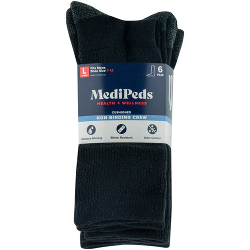 MediPeds Men’s Cushioned Non-Binding Crew Socks – 6 Pairs, Size 7–12