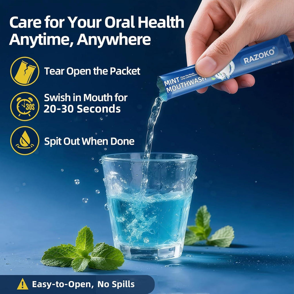 Mint mouthwash packet being poured into a glass with instructions on a blue background