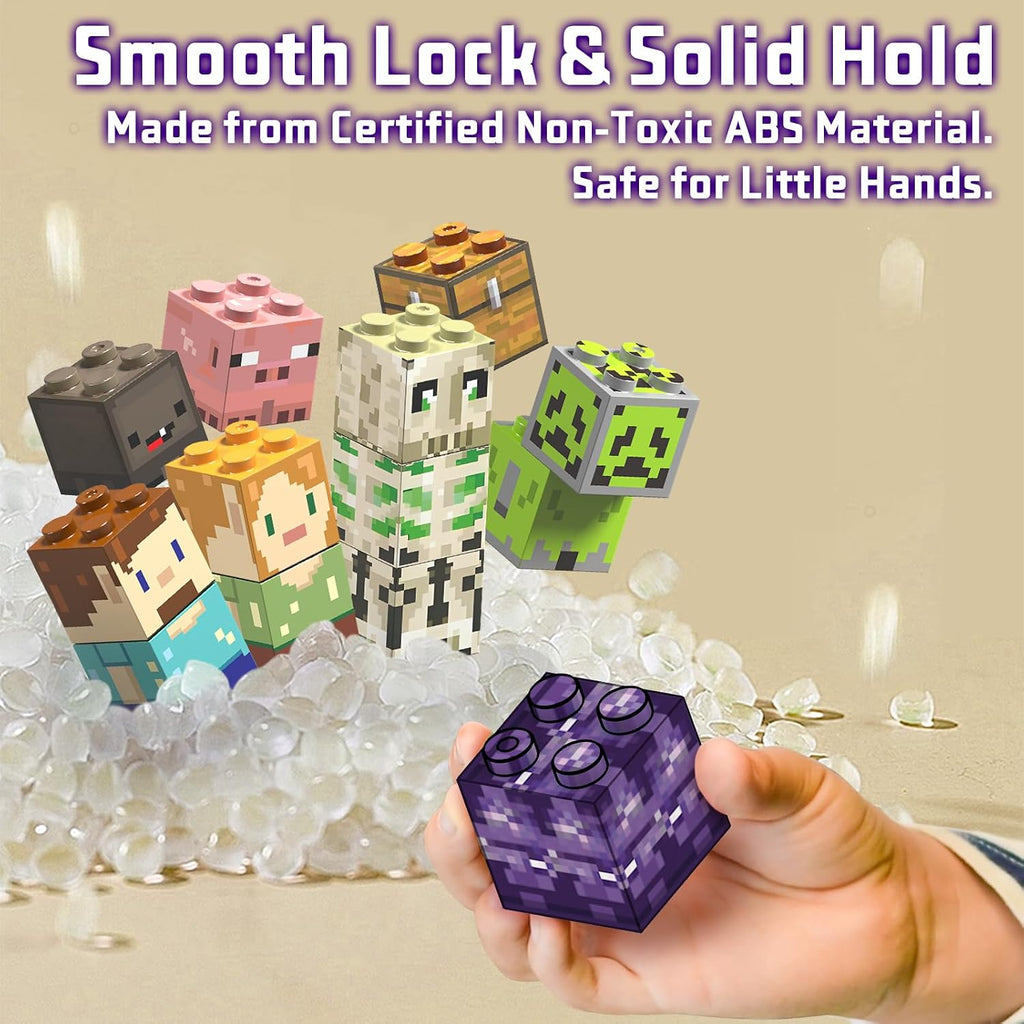 A hand holds a purple pixelated block toy in the foreground, with several colorful block character toys and a treasure chest floating behind it on a bed of clear plastic beads. Large text at the top reads, 'Smooth Lock & Solid Hold.