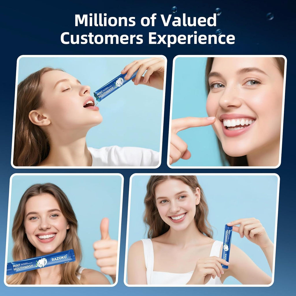 Collage of a woman using a dental product with text about customer experience on a blue background