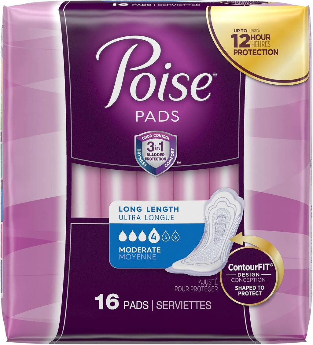 Poise Moderate Absorbency Long Pads – 6 Packs of 16, 96 Pads Total