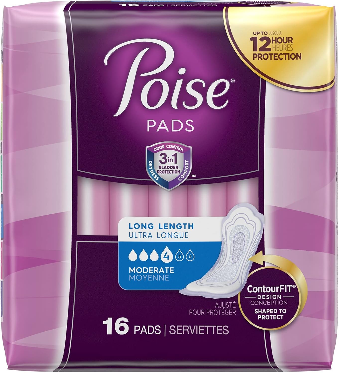 Poise Moderate Absorbency Long Pads – 6 Packs of 16, 96 Pads Total