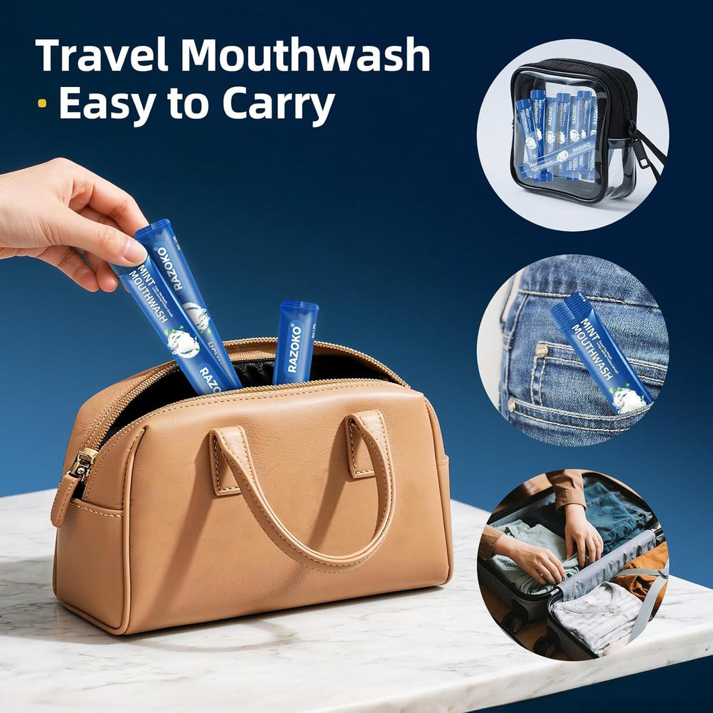 Travel mouthwash packaging with a handbag and travel scenario on a blue background