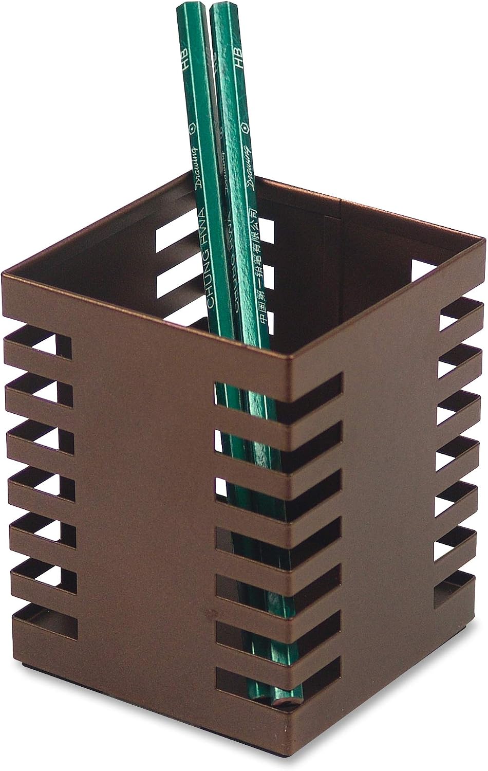 Lorell Stamped Metal Square Cup Pencil Holder — 3.2" x 3.2", Bronze