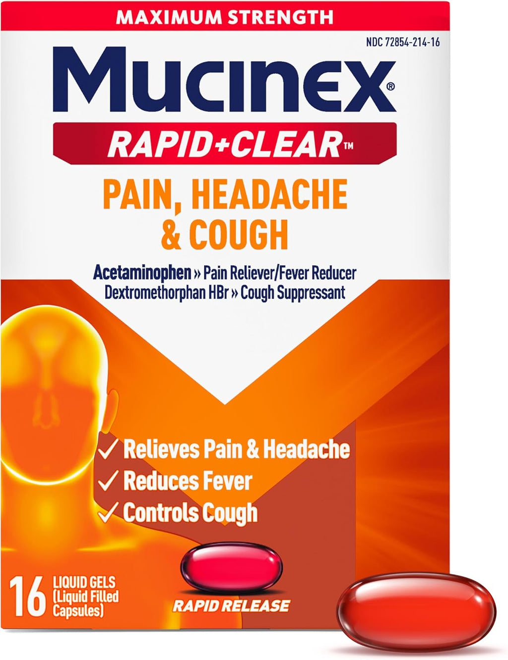 Mucinex Rapid+Clear Maximum Strength Pain, Headache & Cough – 16 Liquid Gels