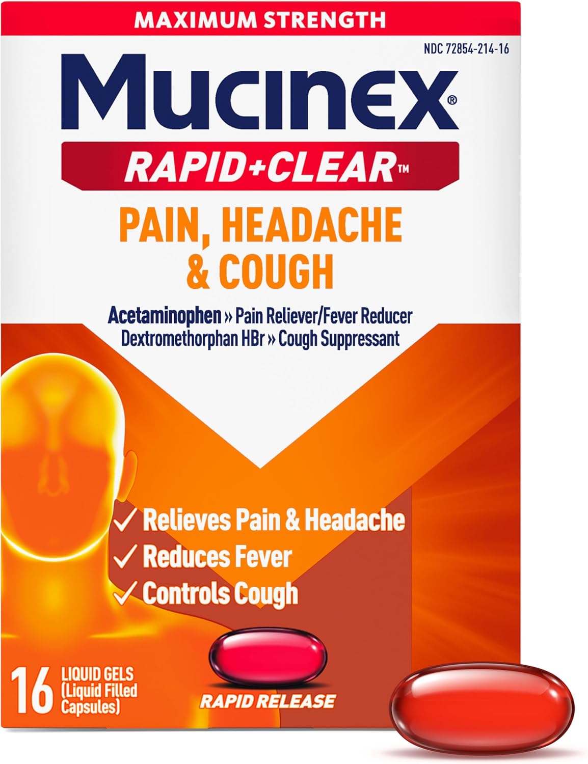 Mucinex Rapid+Clear Maximum Strength Pain, Headache & Cough – 16 Liquid Gels
