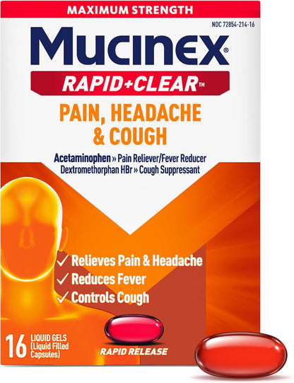 Mucinex Rapid+Clear Maximum Strength Pain, Headache & Cough – 16 Liquid Gels