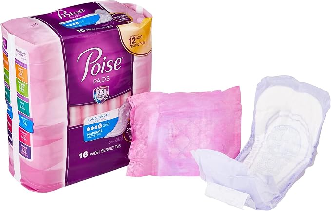 Poise Moderate Absorbency Long Pads – 6 Packs of 16, 96 Pads Total
