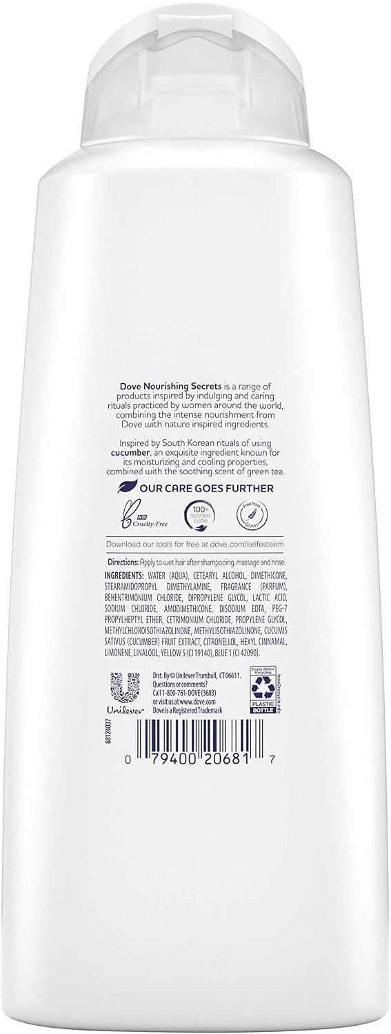 The back of a white plastic bottle of Dove Moisturizing Serum, showing product details, ingredients, and a barcode on a white background.