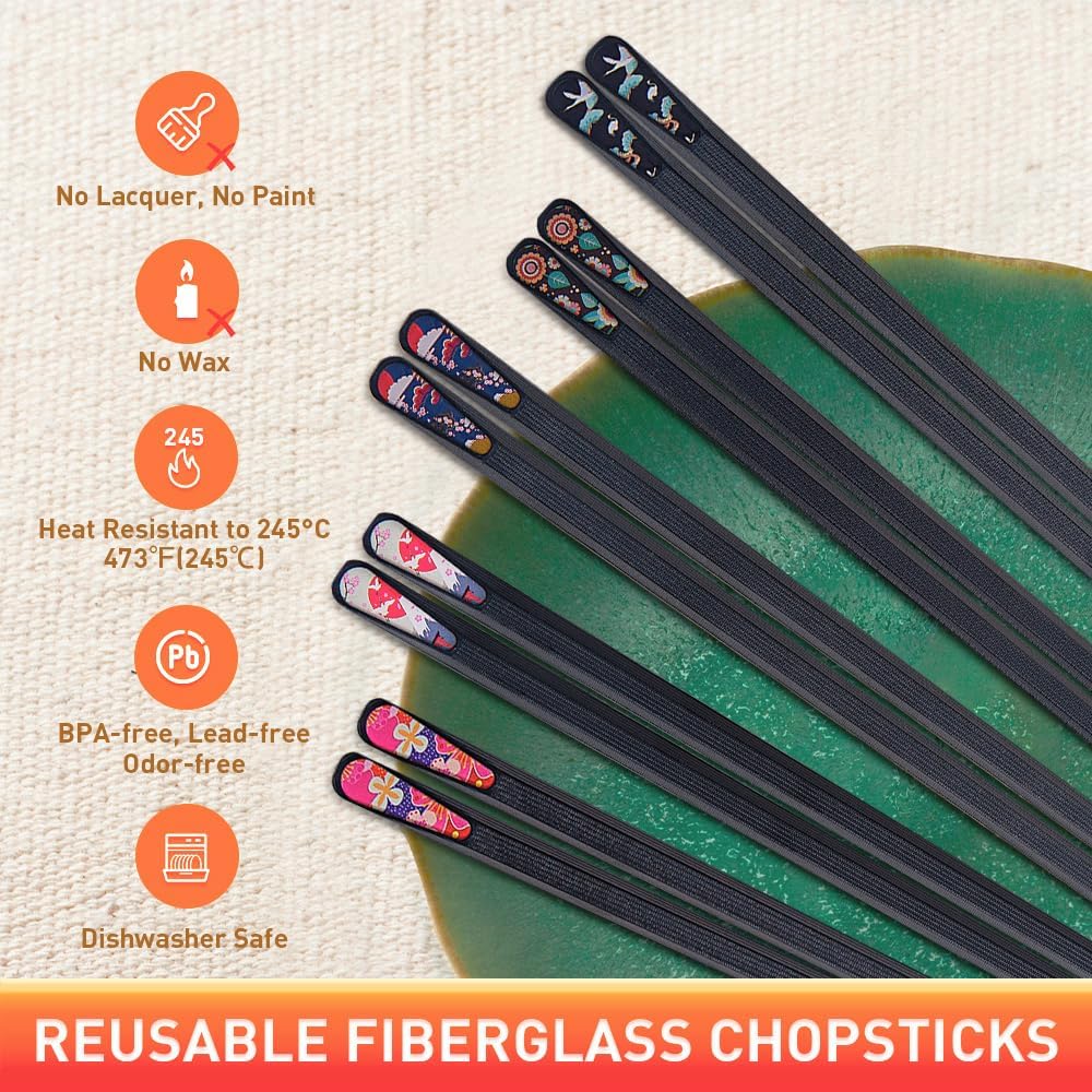 Reusable fiberglass chopsticks with features listed on a beige background