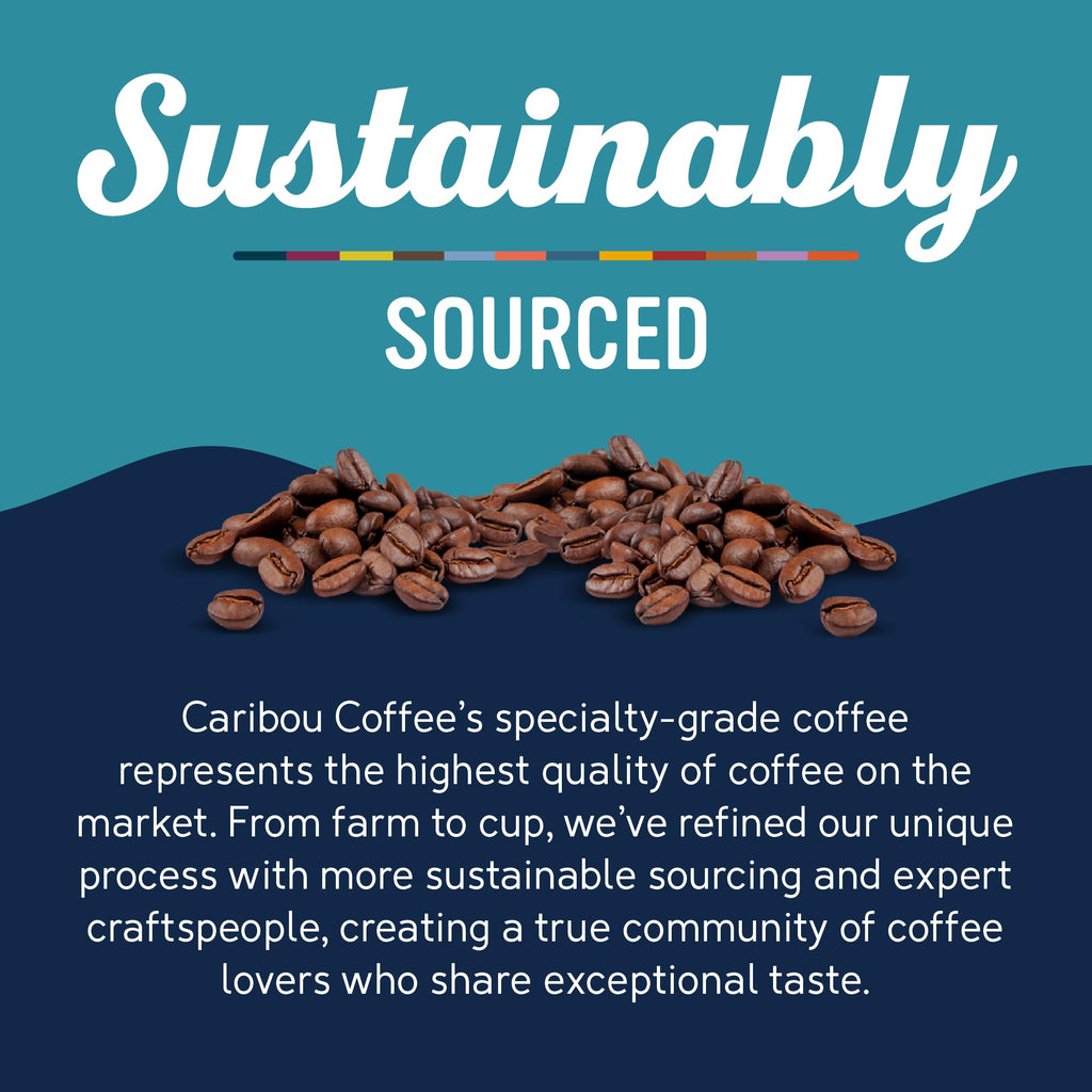 Caribou Coffee specialty-grade coffee beans with text about sustainability on a blue background
