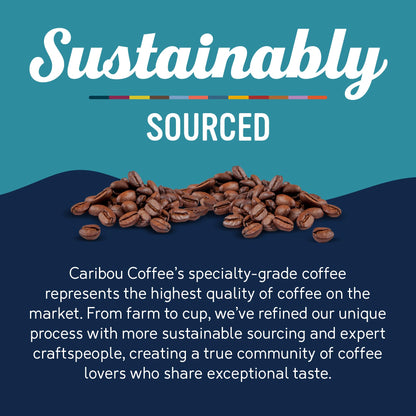 Caribou Coffee specialty-grade coffee beans with text about sustainability on a blue background