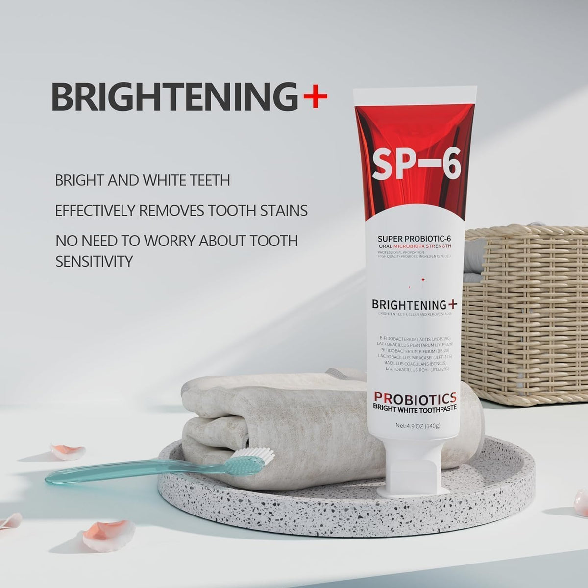 SP-6 Probiotic Toothpaste tube next to rolled towels highlighting brightening and stain removal
