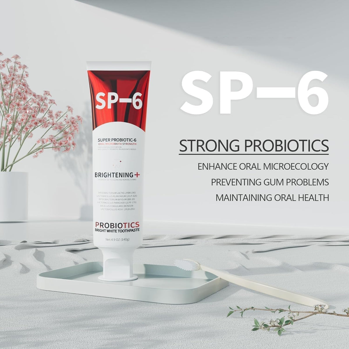 SP-6 Probiotic Toothpaste tube on a bathroom counter highlighting oral microecology and gum health