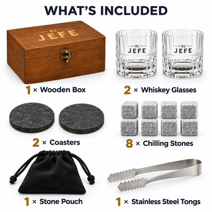 El Jefe Whiskey Gift Set with 2 Glasses, Chilling Stones & Wooden Box
