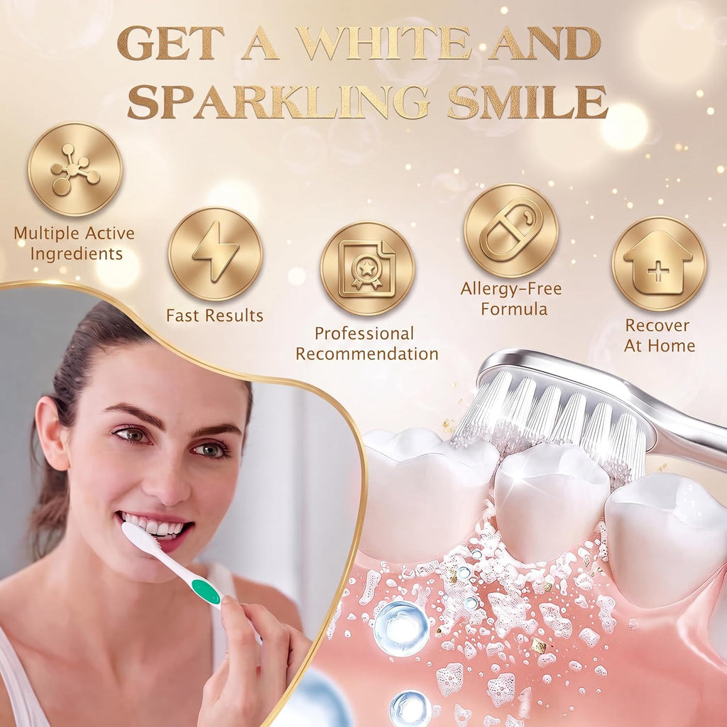 SP-6 Probiotic Toothpaste whitening benefit icons and woman brushing teeth