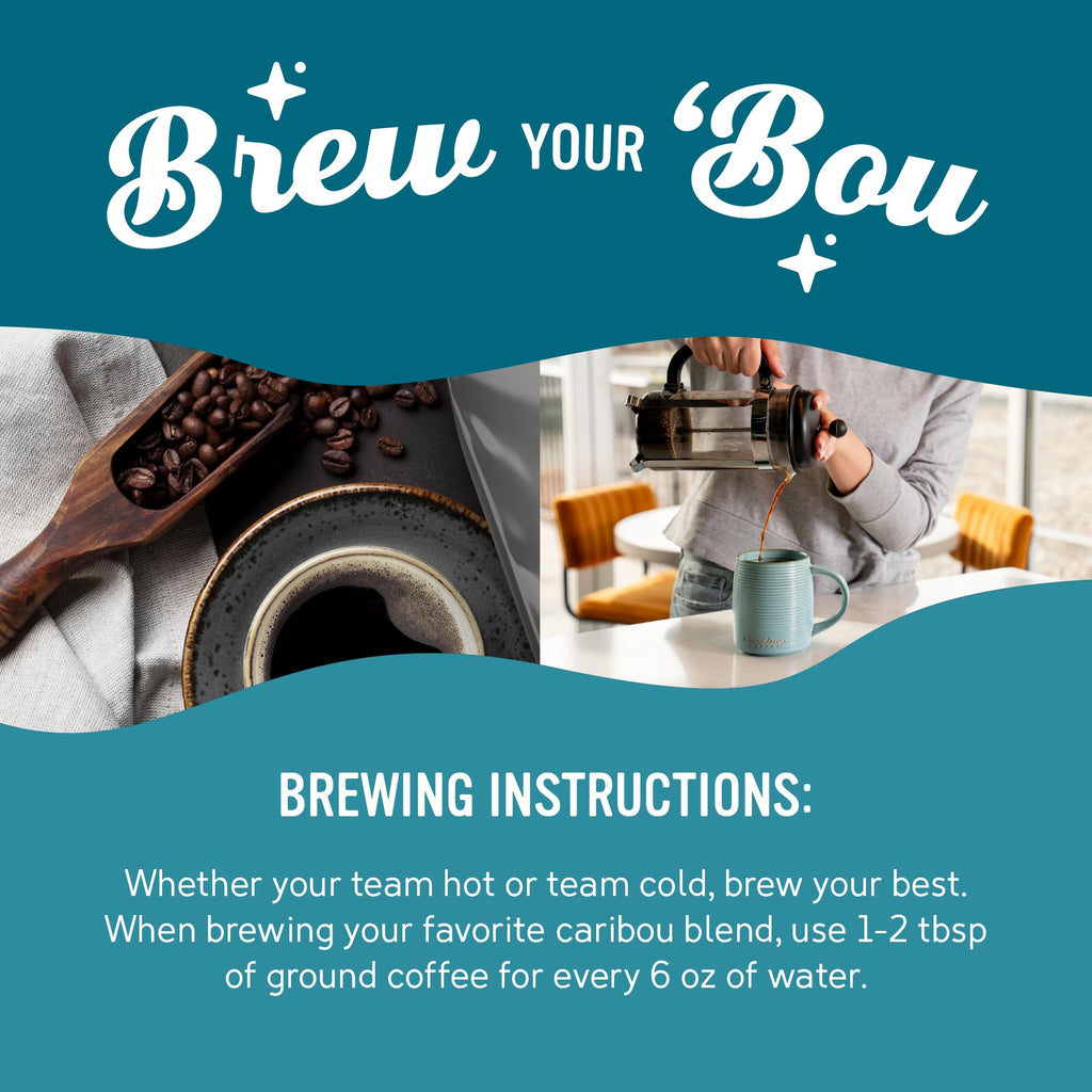 Coffee brewing guide with coffee beans, grinder, and person pouring coffee into a mug on a teal background.