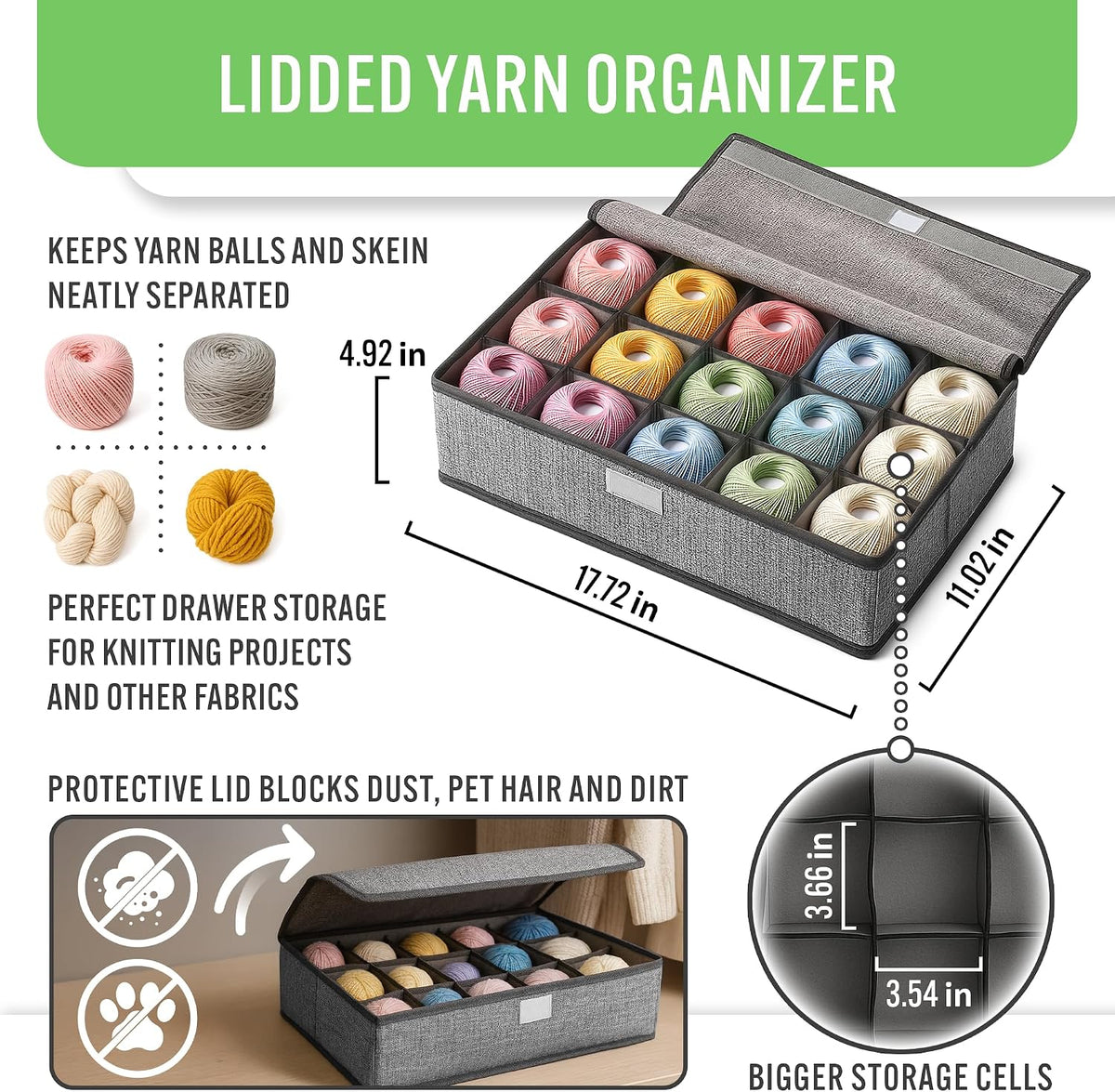 Donzar 15-Cell Foldable Yarn Storage Organizer Box with Lid