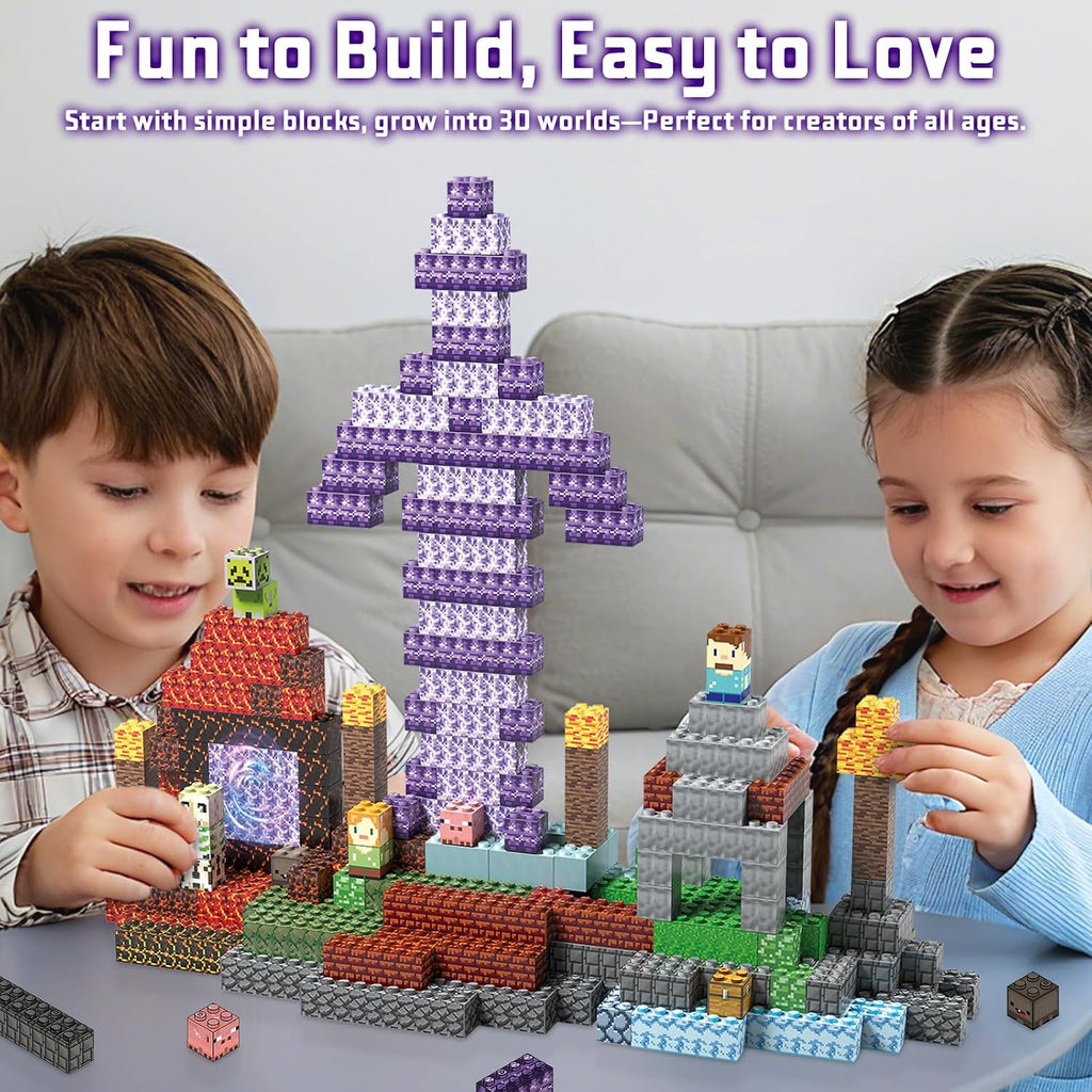 Two children building a colorful block castle set on a table in a living room setting, with a large purple and white tower in the center and smaller structures in brown, red, gray, green, and blue. Text at the top reads 'Fun to Build, Easy to Love'.