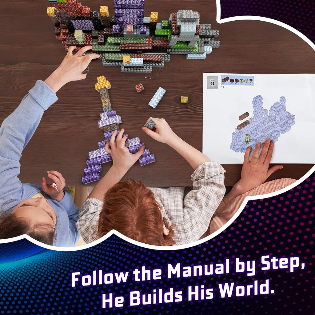 Two children playing with building blocks on a table, with a manual in the background.