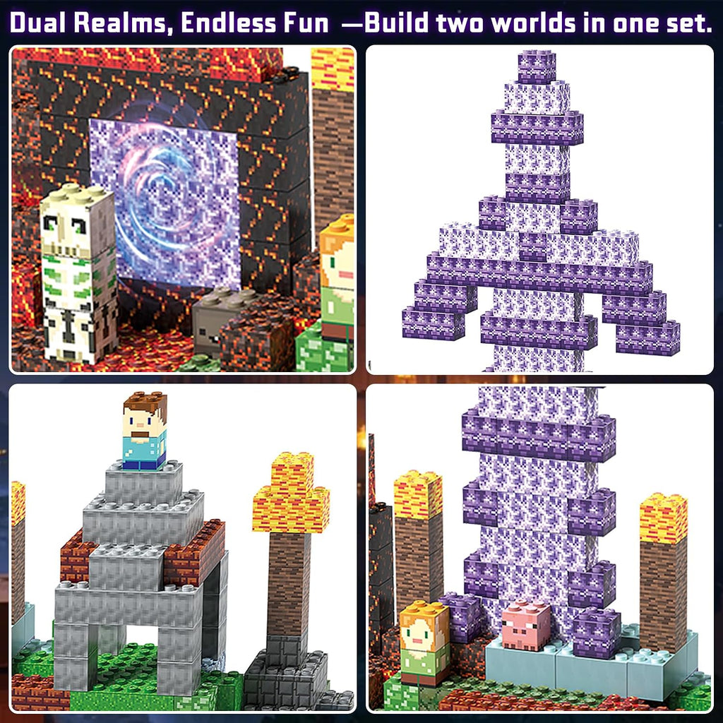 A 2x2 collage showing a Minecraft-style building toy set. The top-left panel shows a built cave scene with a purple portal and a zombie figure.
