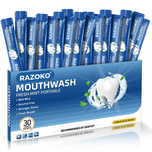 RAZOKO portable travel size fresh mint mouthwash 30 packet retail box and single-use pouch