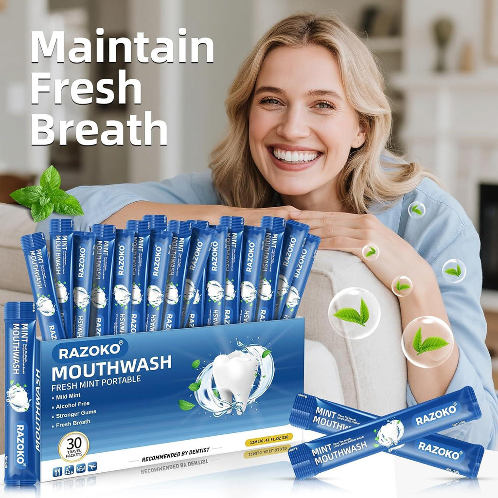 Woman holding a box of Razoko mouthwash with text 'Maintain Fresh Breath'.