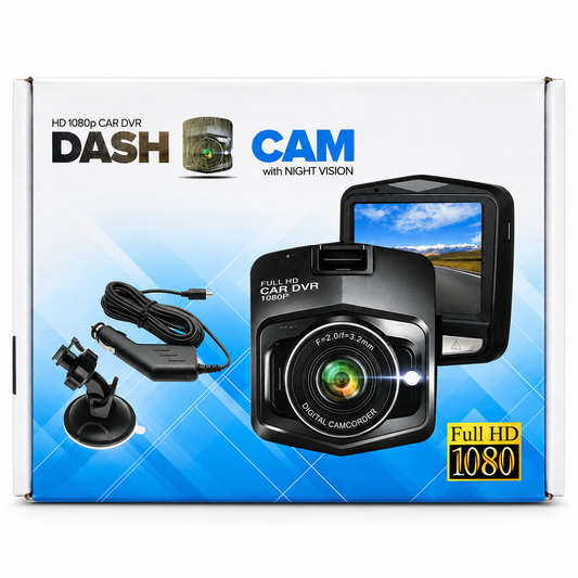 Black 1080p dash cam with night vision, shown with its suction cup mount, car charger, and retail box. The packaging features blue and white graphics with 'DASH CAM' branding.