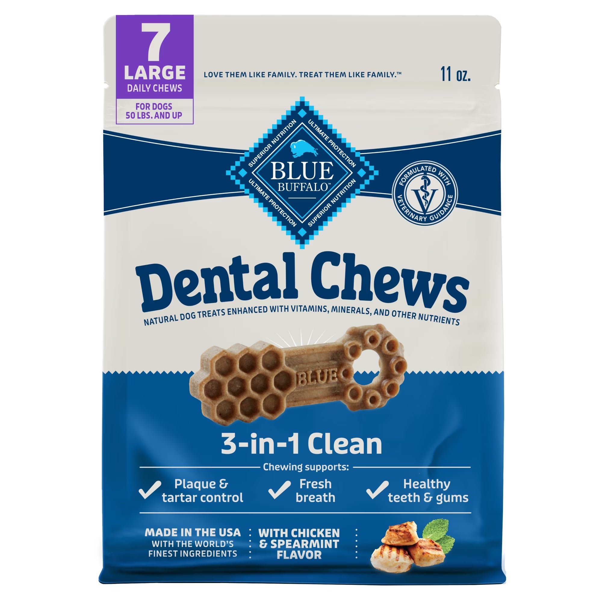 Blue Buffalo Dental Chews Large Dog Treats – Chicken & Spearmint, 28 Count