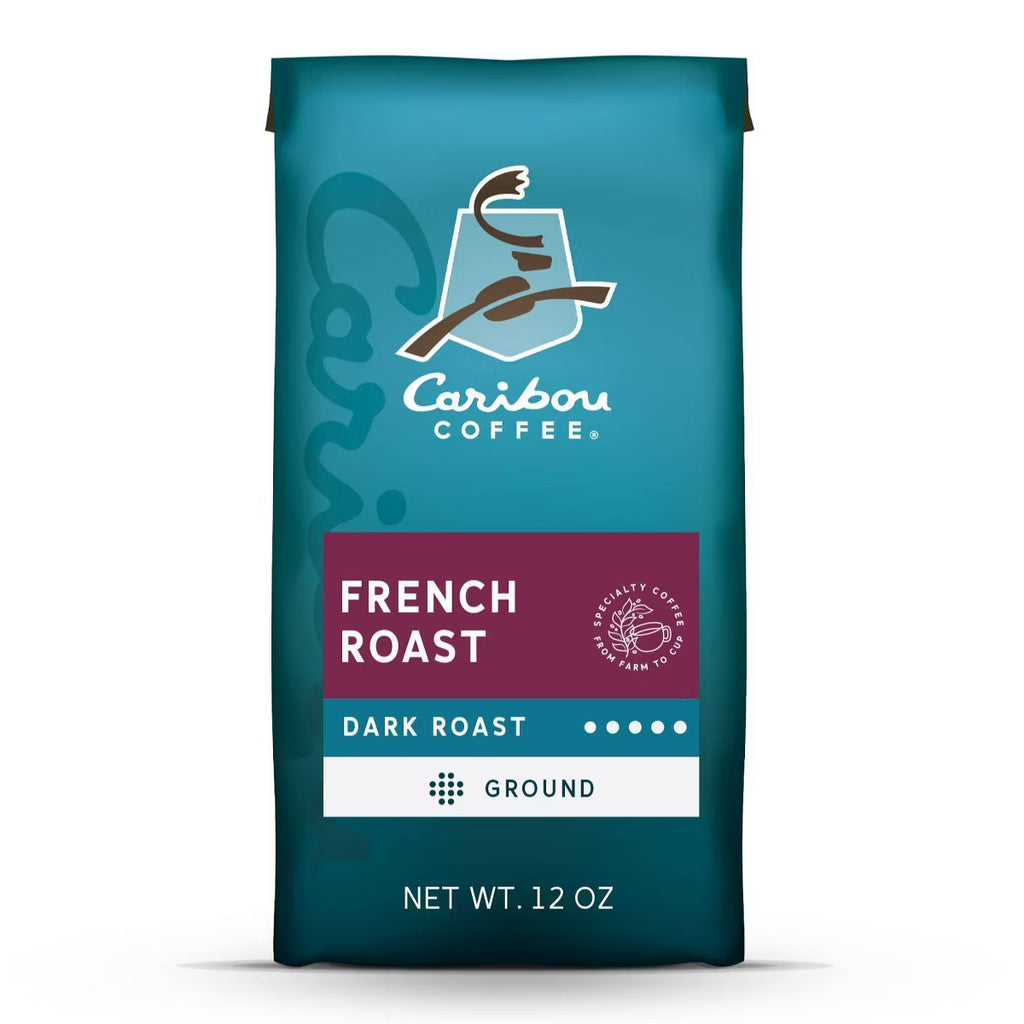 Caribou Coffee French Roast Dark Roast Ground coffee in a 12 oz bag, featuring a teal and magenta color scheme on a white background.